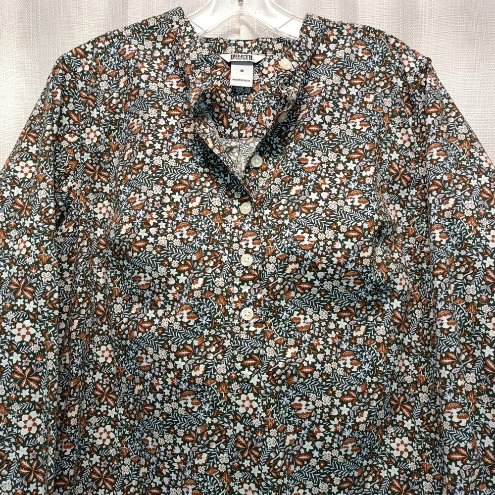 Duluth‎ Trading Co Womens M Floral Mushroom Long Sleeve 1/2 Button Front Shirt